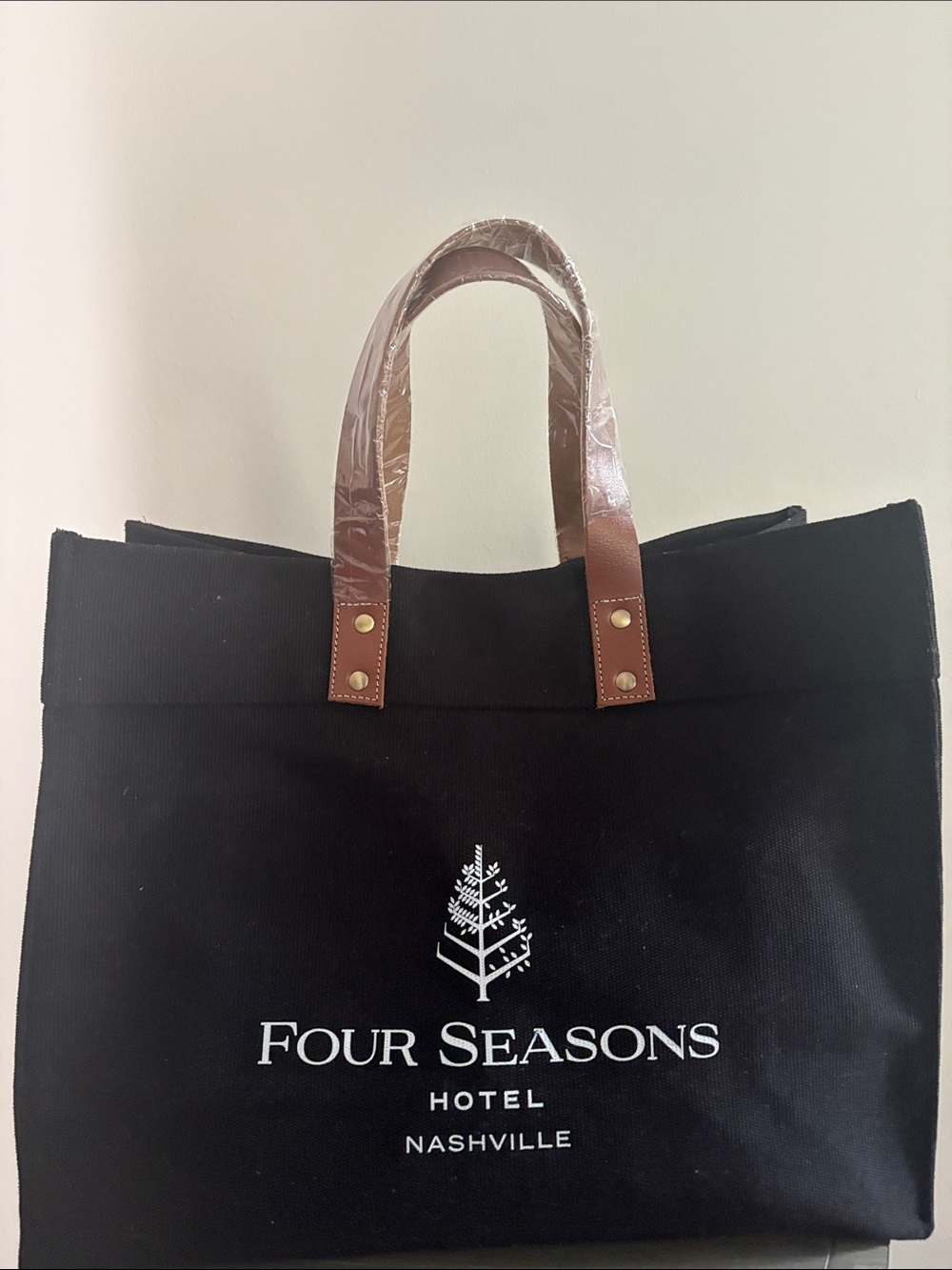 Four Seasons Hotel Nashville Black Canvas Tote With Brown Handles,